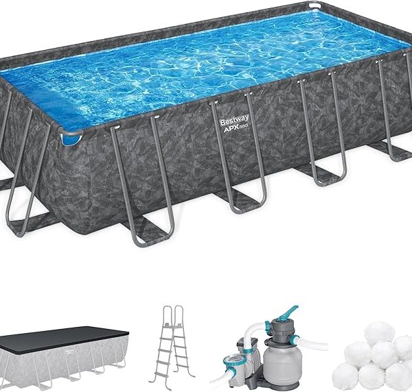 Bestway APX 365 18' x 9' x 52" Rectangular Above Ground Swimming Pool Outdoor Backyard Framed Pool Set with Sand Filter Pump, Ladder, and Cover, Gray